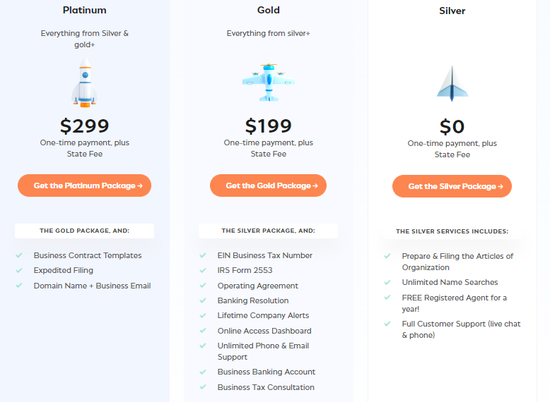 Screenshot web incfile Pricing and Packaging Options